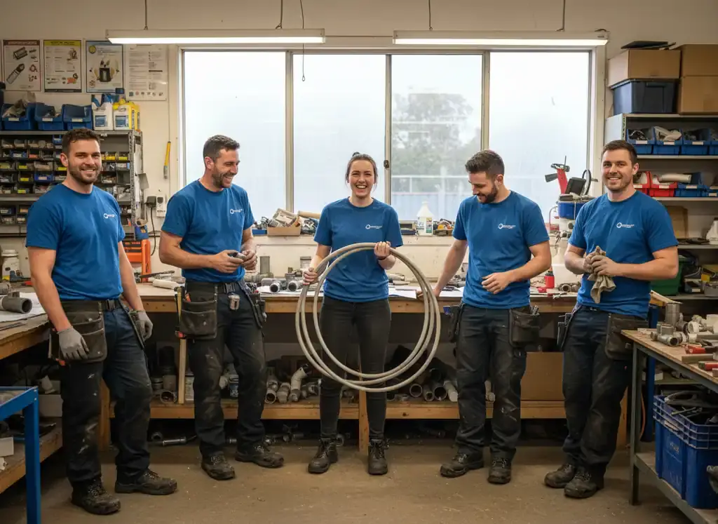 plumber kensington: Five workers in blue polo shirts smiling in a workshop, one holding a coiled grey hose