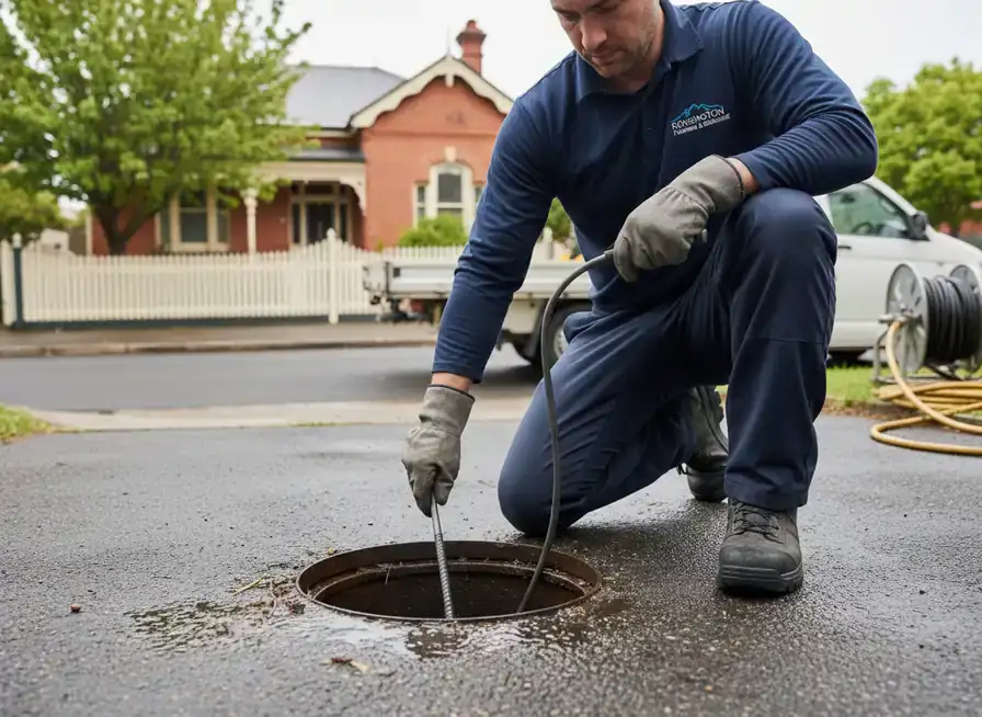 plumber kensington: Technician feeding a drain auger into an open street drain on a wet road