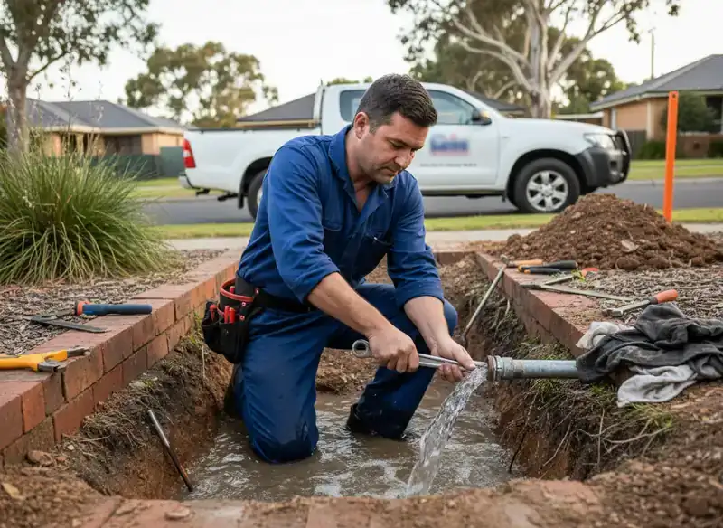 plumber kensington: Technician kneeling in a trench working a wrench on a pipe spraying water