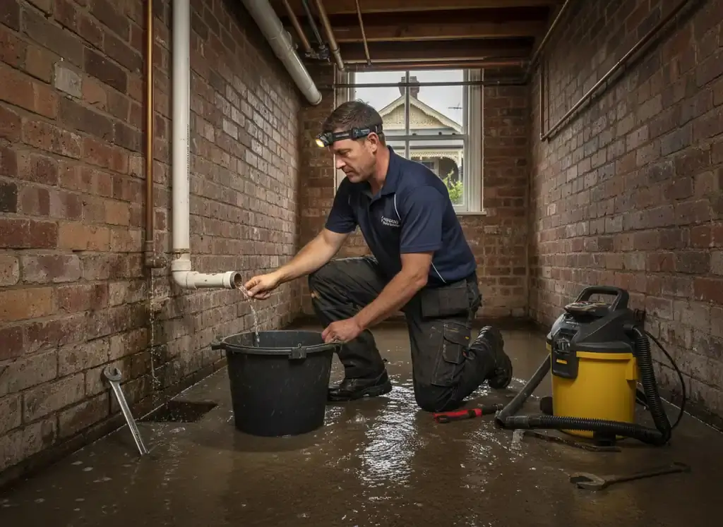 plumber kensington: Technician in a basement catching water from a pipe into a bucket, with a wet vacuum
