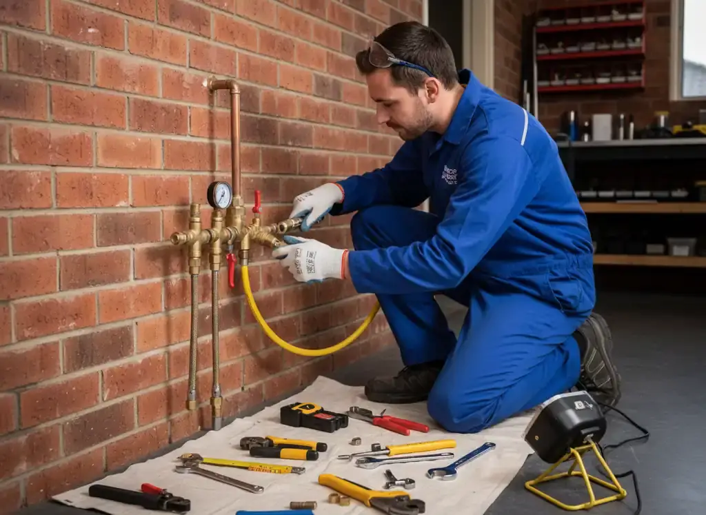 plumber kensington: Technician in blue overalls at brass pipe fittings and a pressure gauge on a brick wall