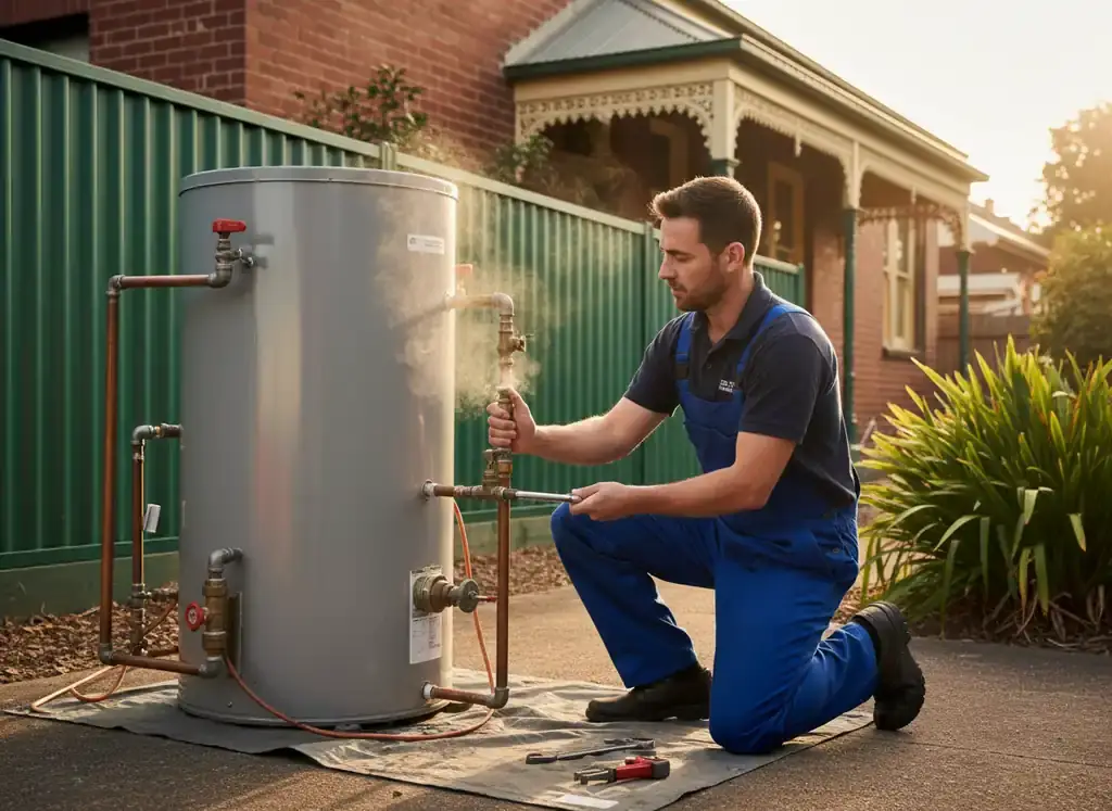 plumber kensington: Technician kneeling beside a grey hot water cylinder with steam rising from a valve