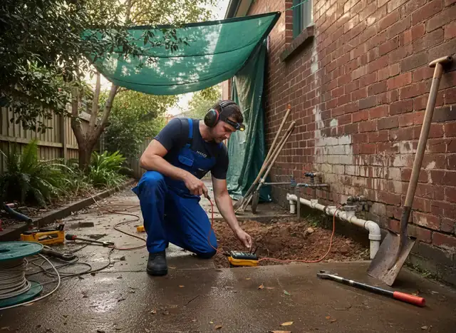 plumber kensington: Technician with ear defenders crouched at a dug hole beside a brick wall and pipes