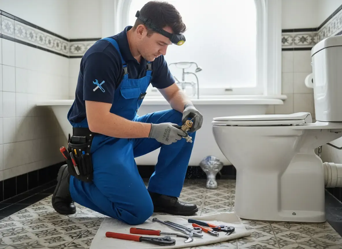plumber kensington: Technician in blue overalls and headlamp fitting a valve beside a white toilet